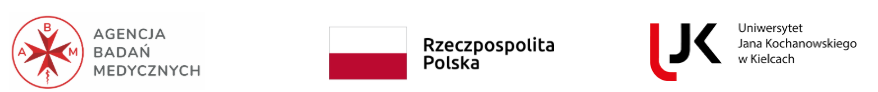 Logotypy Agencji Badań Medycznych, flaga Polski z napisem Rzeczpospolita Polska oraz logo Uniwersytetu Jana Kochanowskiego w Kielcach