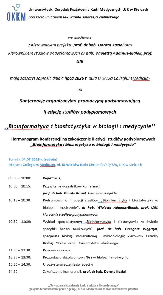 Konferencja organizacyjno‑promocyjna Uniwersyteckiego Ośrodka Kształcenia Kadr Medycznych UJK w Kielcach podsumowująca II edycję studiów podyplomowych „Bioinformatyka i biostatystyka w biologii i medycynie”, 4 lipca 2026 w Collegium Medicum w Kielcach, wraz z harmonogramem: rejestracja (9:00–10:00), powitanie uczestników (10:00–10:15), podsumowanie studiów (10:15–10:30), wykład specjalistyczny (10:30–11:30), przerwa kawowa (11:30–12:30), prezentacje absolwentów (12:30–13:30), wręczenie świadectw (13:30–14:30) oraz zakończenie konferencji.
